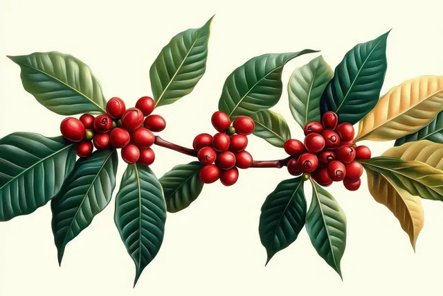Close-up coffee branch with clusters of ripe red coffee cherries and glossy green and yellow leaves on a light background.