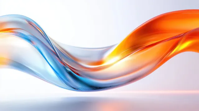 Translucent blue and orange ribbon waves flowing across a bright minimal background
