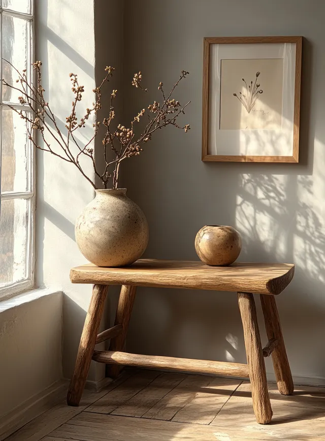 Wooden side table by a window with ceramic vase, framed wall art, and soft sunlight shadows on the floor.