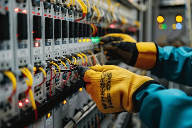 Electrician testing electrical panel with multimeter, wearing gloves in industrial control room