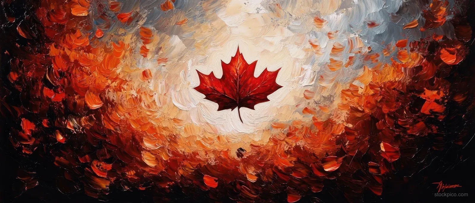 Red maple leaf surrounded by swirling autumn brushstrokes in warm orange and red tones on a dark background.