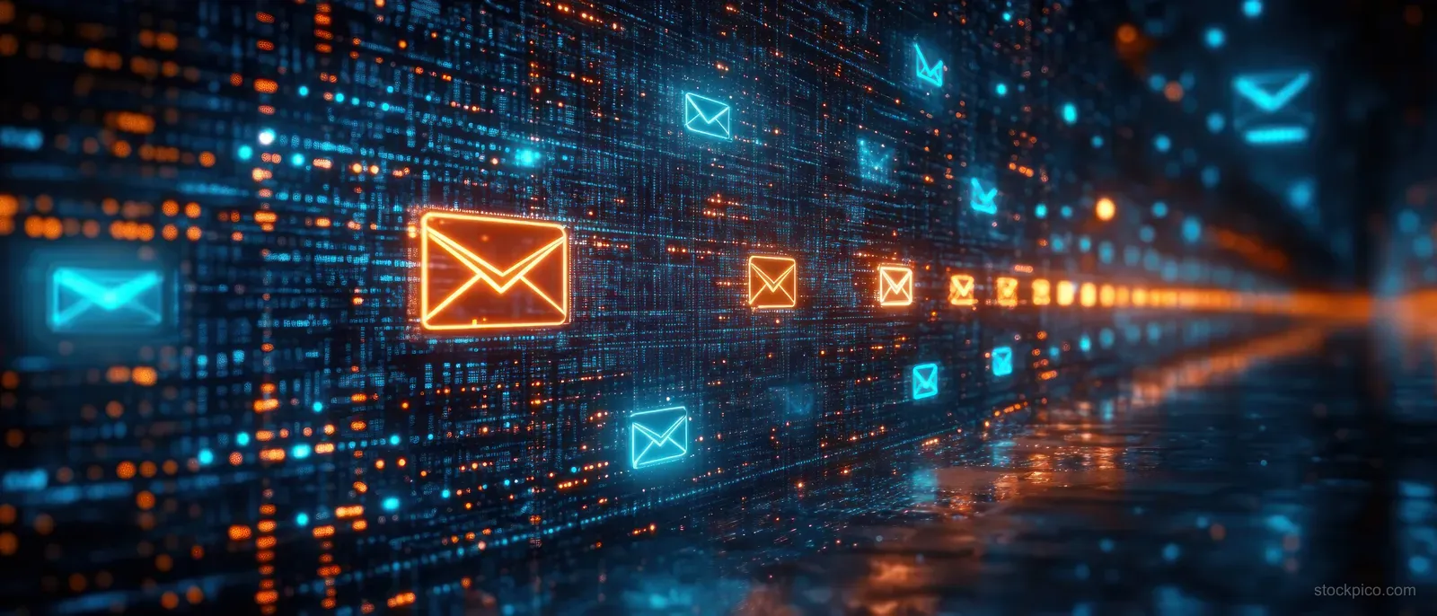 Glowing envelope icons move through a dark digital network with floating analytics charts.