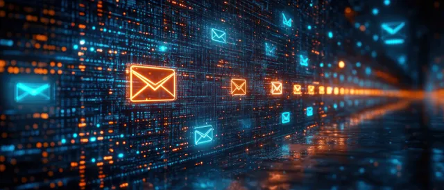 Glowing email icons flowing across a dark digital network with analytics overlays