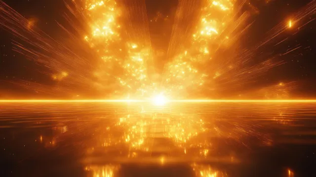 Golden light burst over dark horizon with geometric rays and reflective glow