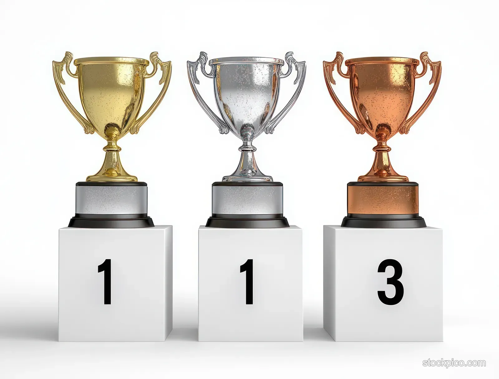 Gold, silver, and bronze trophies rest on numbered podiums labeled one, one, and three against a white background.
