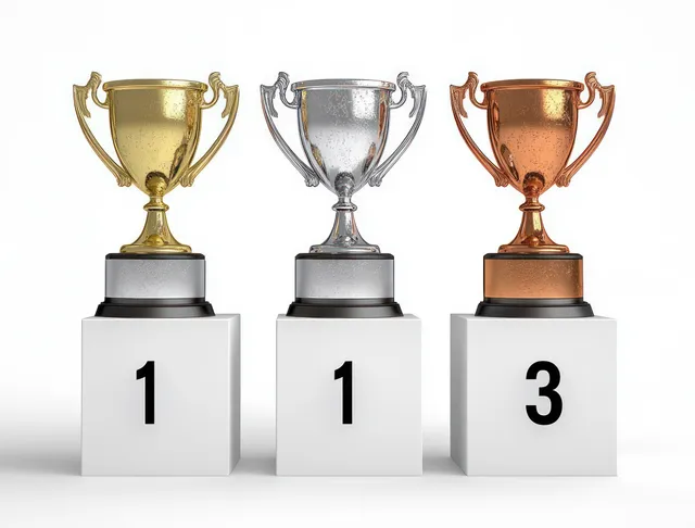 Gold, silver, and bronze trophies on numbered podiums against a clean white background