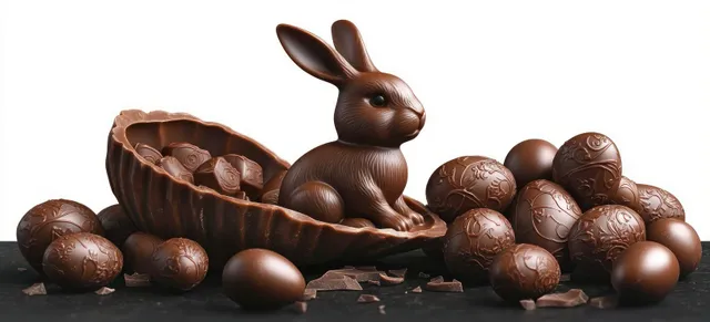 A chocolate bunny rests inside a hollow shell with decorative chocolate eggs scattered on a black surface.