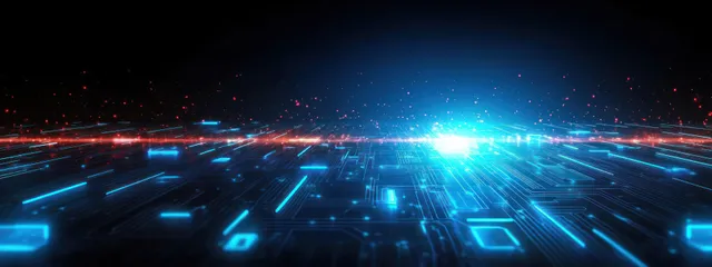 Neon blue futuristic circuit pathways with glowing data beams across a dark space