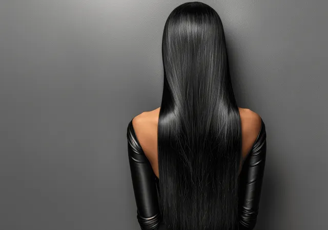 Woman in back view showcasing long straight black hair against a plain studio backdrop