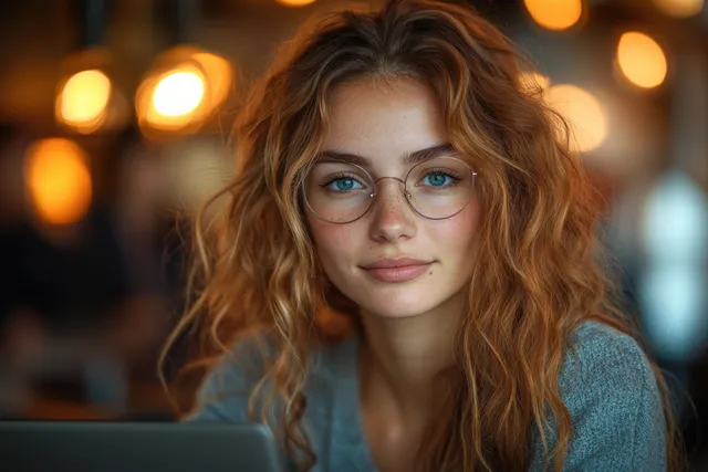 Red-haired young professional working on laptop at warm coworking desk with soft bokeh lights