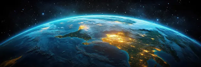 Hyperreal Earth from space with glowing city lights, blue oceans, green continents, and surrounding stars.