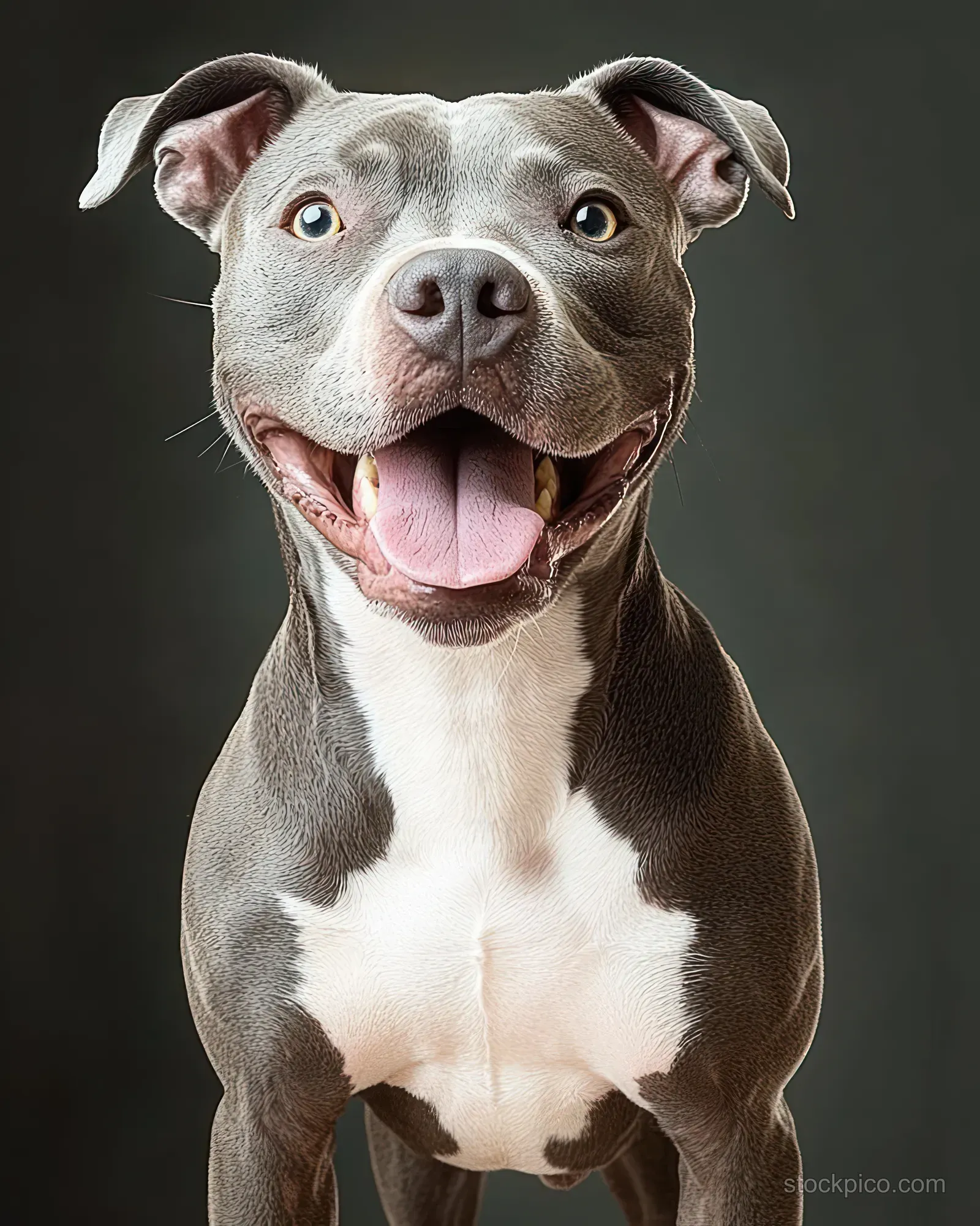 Grey and white dog sits facing the camera with open mouth and tongue out on a dark background.