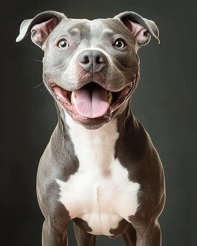 Grey and white dog sits facing the camera with open mouth and tongue out on a dark background.