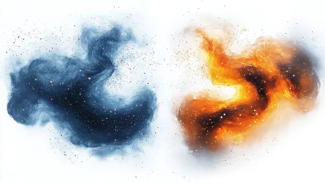 Swirling blue and orange cosmic clouds with stars and dust particles on a white backdrop