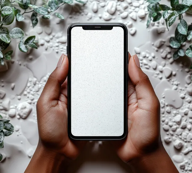 Black woman hands holding a smartphone with a blank screen on textured white surface