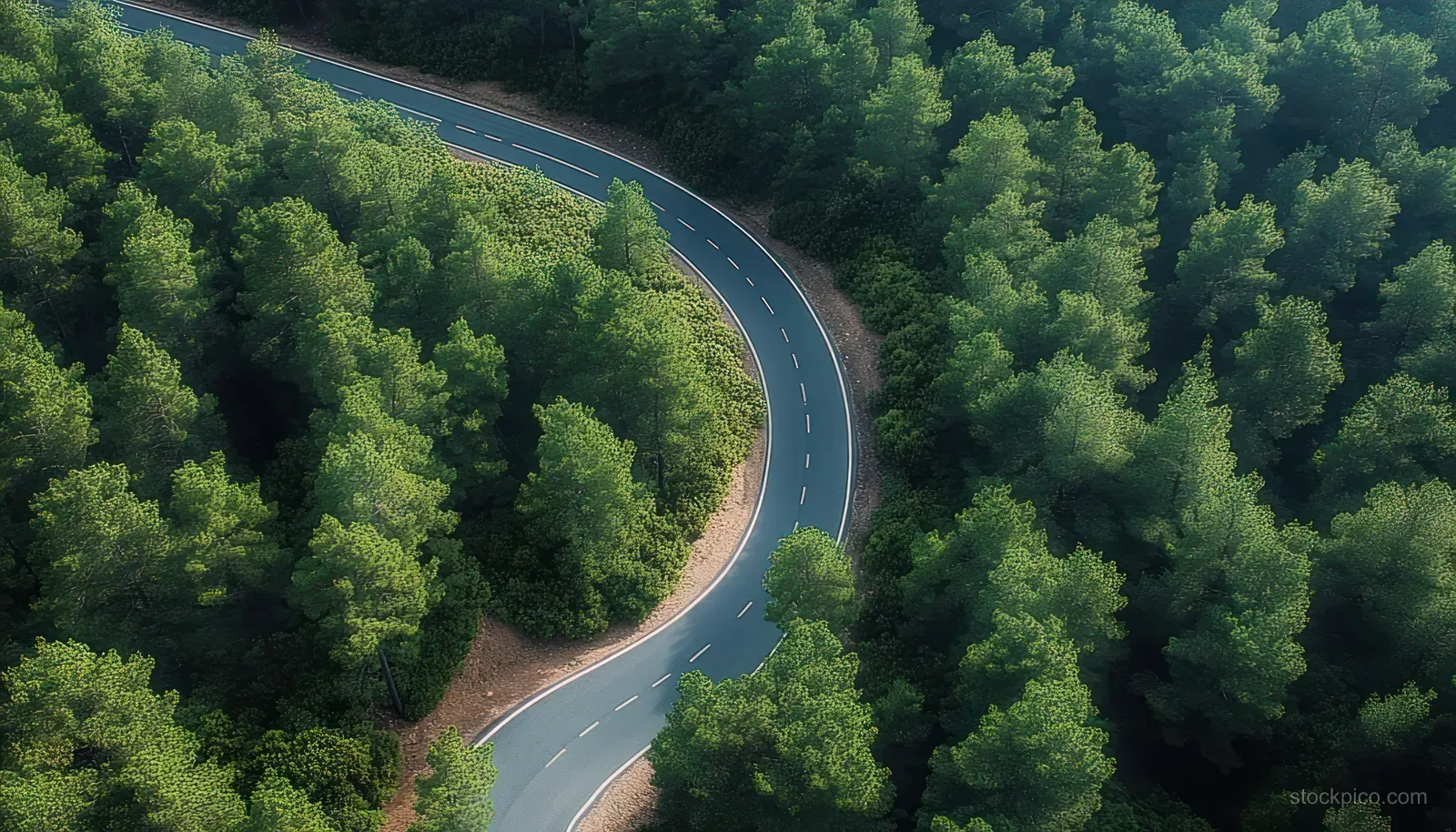 A winding asphalt road cuts through a dense pine forest with soft daylight and layered green tree canopies.