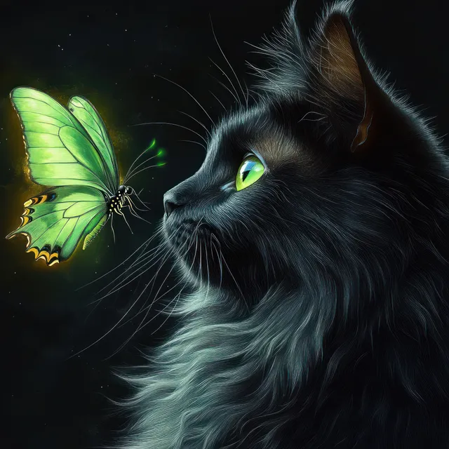 Black long-haired cat with bright green eyes gazes at a glowing green butterfly in a dark background.