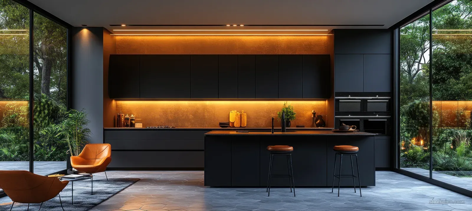 Panoramic interior view of a Scandinavian kitchen with dark cabinets, hexagonal tile floor, and warm lighting.