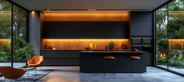 Panoramic interior view of a Scandinavian kitchen with dark cabinets, hexagonal tile floor, and warm lighting.