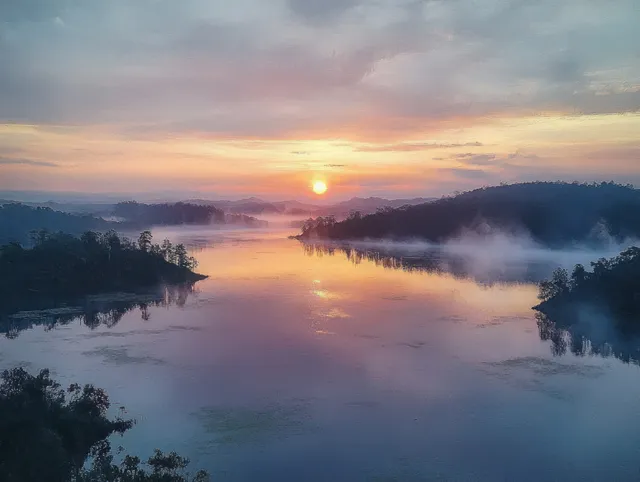 Aerial view of a tranquil lake at sunset, featuring pastel skies and misty reflections on the calm water.