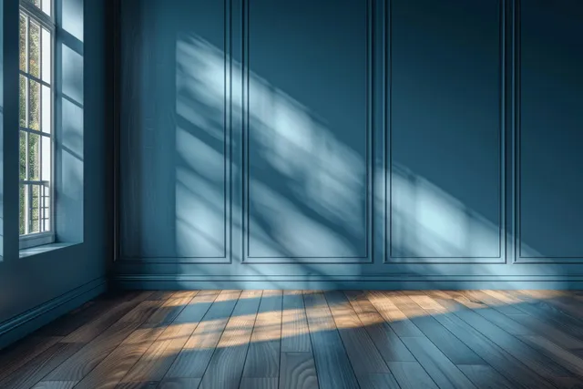 Sunlit minimal interior room with blue wall panels, wooden parquet floor, and window shadows