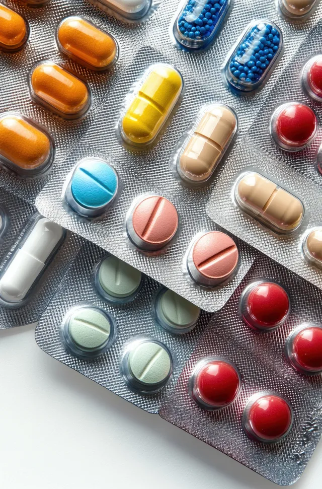 Multicolored pills and capsules inside blister packs arranged on a clean white surface.