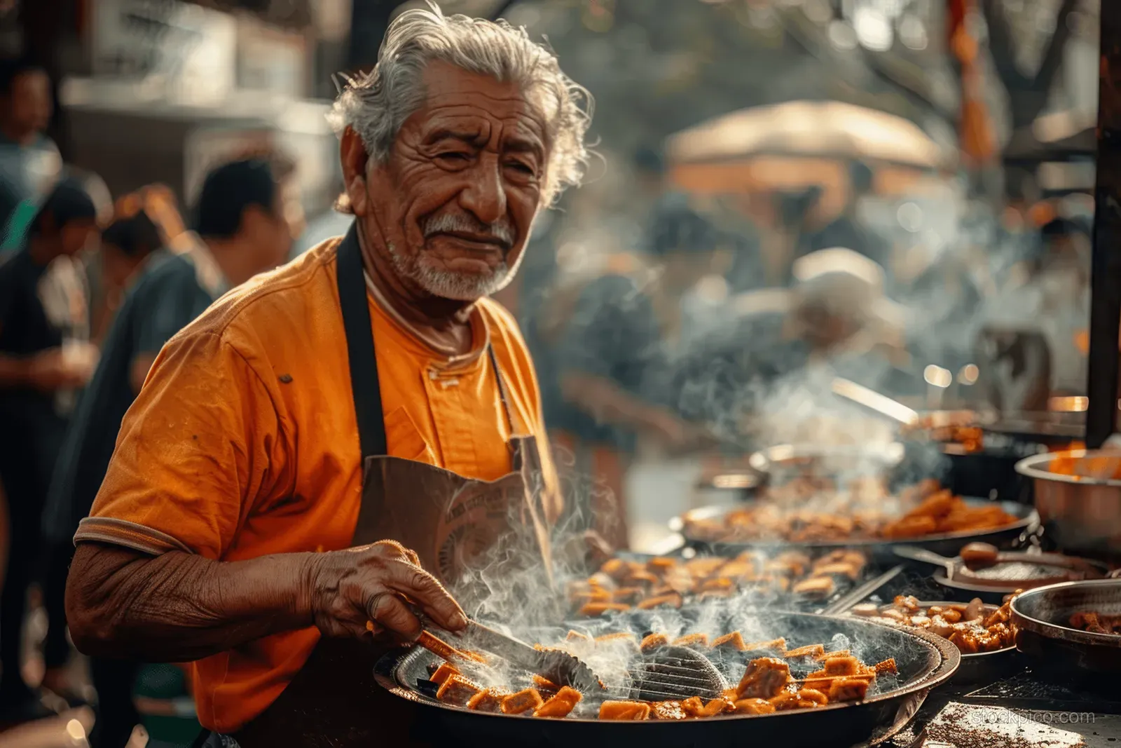An older man in an orange shirt cooks tacos al pastor at a smoky street food stall.