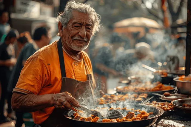 Street Vendor Cooking Tacos Al Pastor at Bustling Mexico City Stall