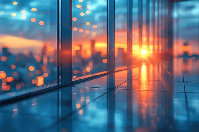 Blurred office interior with panoramic windows glowing at sunset and bokeh reflections on the floor.