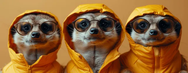 Three meerkats wearing yellow hoodies and sunglasses pose on a plain warm background.