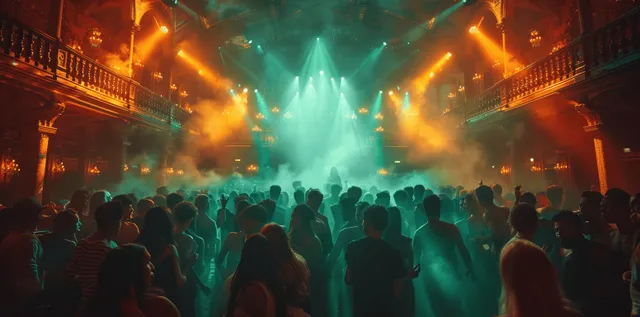 Silhouetted dancers fill a nightclub as green laser beams and fog illuminate a distant stage.