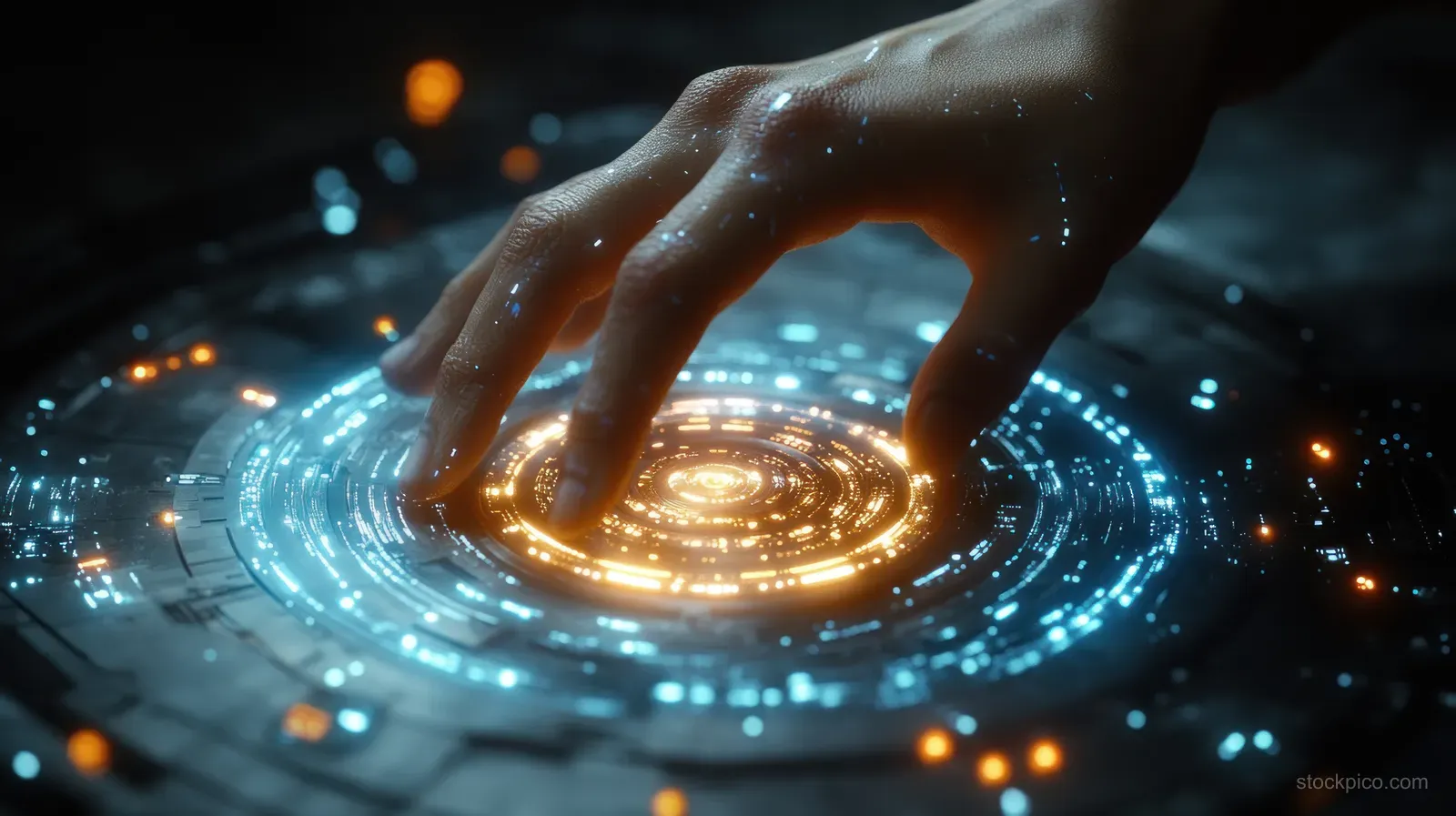 Hands carefully place a glowing digital hub onto a futuristic network interface with floating data lights.