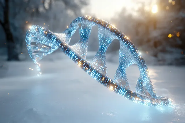 Glowing DNA helix made of digital particles floating in cold blue medical space