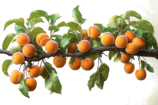 Apricot branch with ripe orange fruits and green leaves isolated on a white backdrop