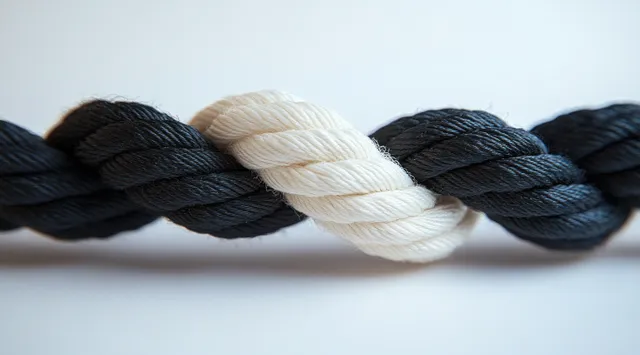 Top view of flat black and white knitted scarf strands with visible yarn twist texture.