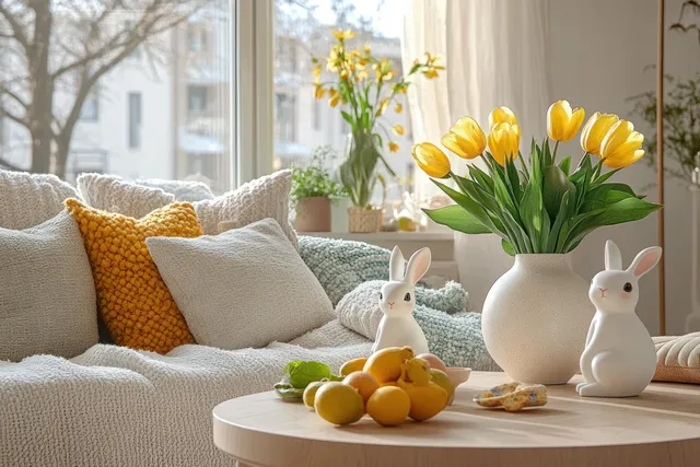 Spring decorated living room scene with tulips in a vase and rabbit figurines on a round coffee table.