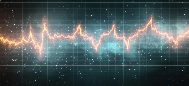 Glowing orange waveform lines pulse across a blue grid with scattered light particles in an abstract energy visualization.
