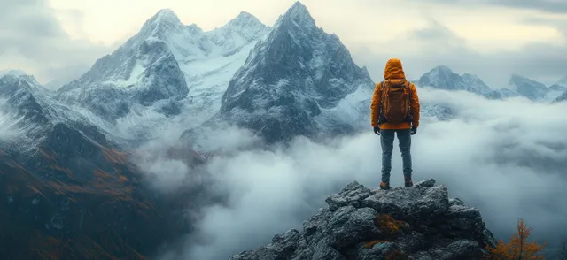 A solitary hiker in an orange jacket stands on a rocky summit looking at snowy peaks above clouds.