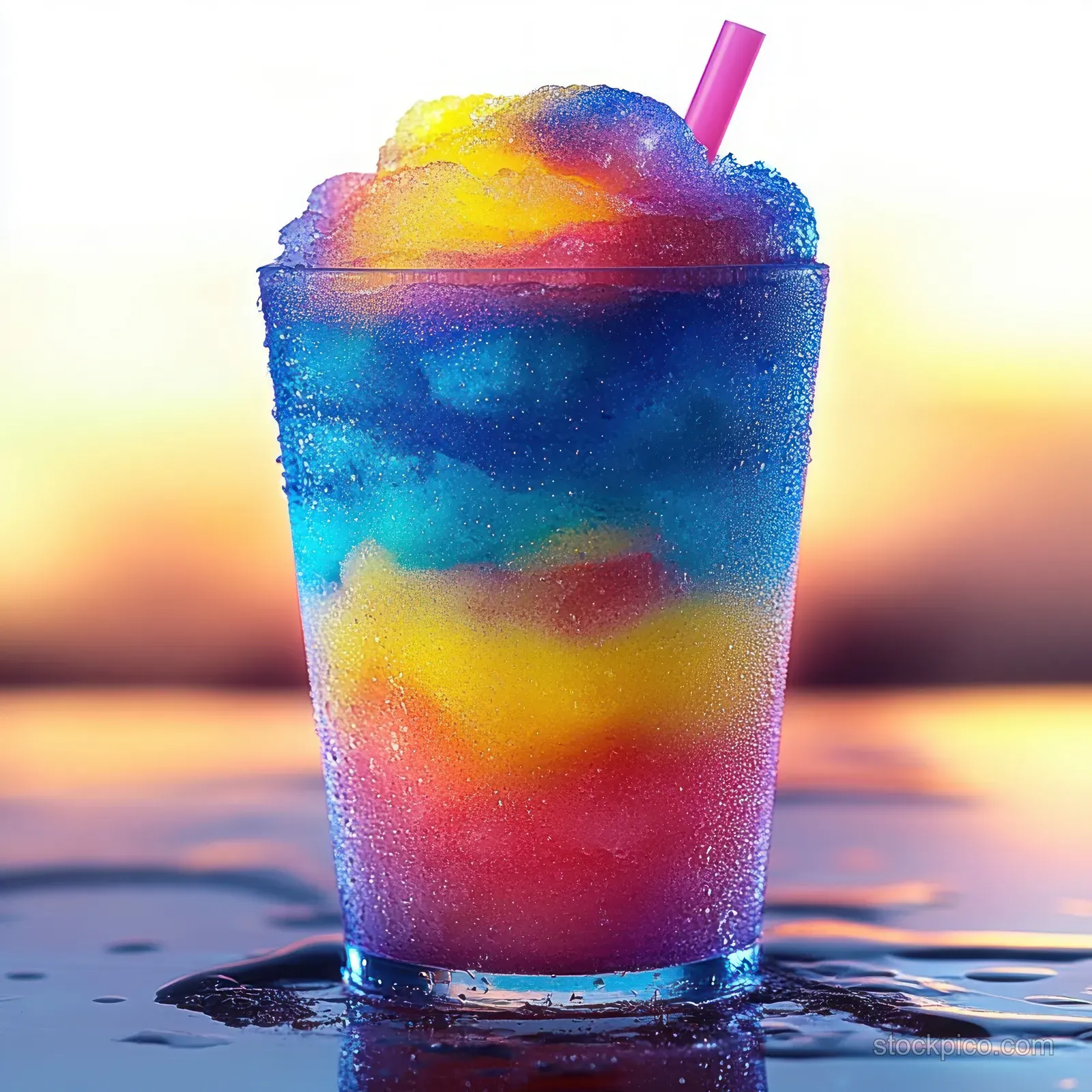 Layered blue, yellow, and pink slushy drink in a clear cup with condensation and a pink straw.