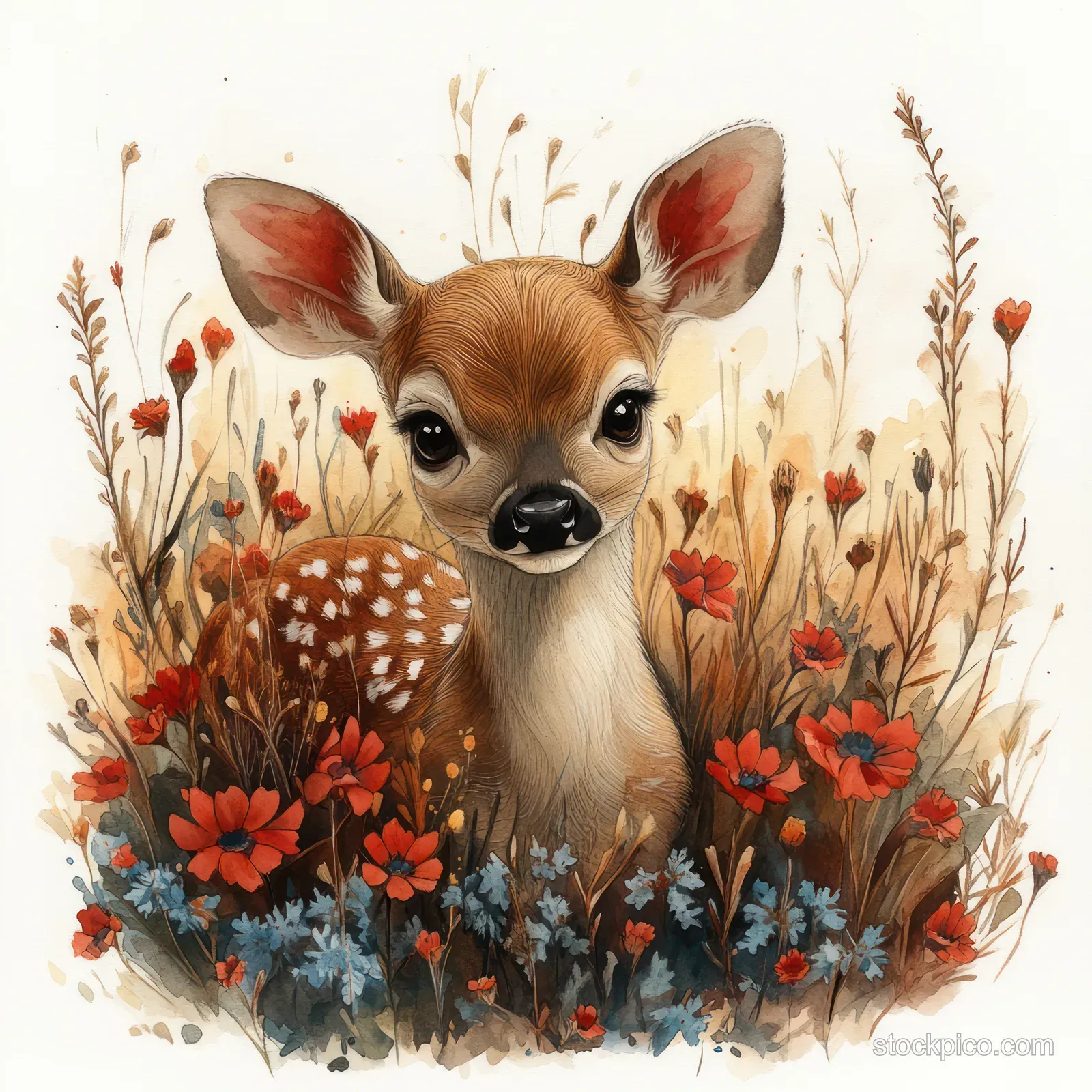Watercolor fawn centered among red and blue winter flowers with holly and poinsettia accents.