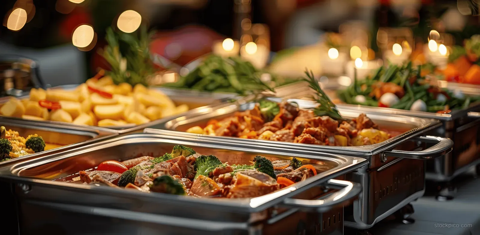 Stainless chafing dishes on a wedding buffet table display meat and vegetable entrees under warm decorative lights.