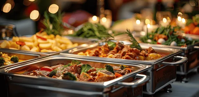 Chafing dish buffet at wedding reception with meat and vegetable entrees on stainless trays