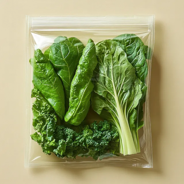 A clear plastic bag of fresh leafy greens sits on a beige surface with visible leaf veins and stems.