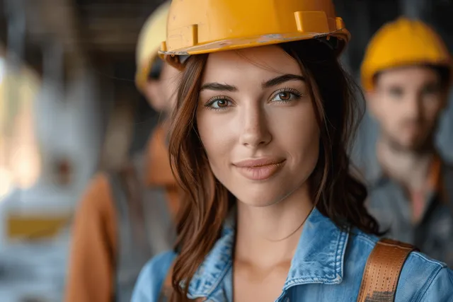 Smiling female construction worker in denim vest on a worksite with blurred men working behind her.