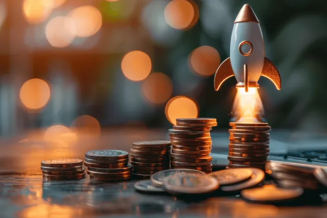 Rocket launching from coin stacks on green backdrop with sunlight and bokeh