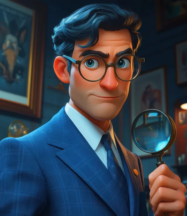 Cartoon businessman in a blue suit holds a magnifying glass over banknotes with bright lens glow.