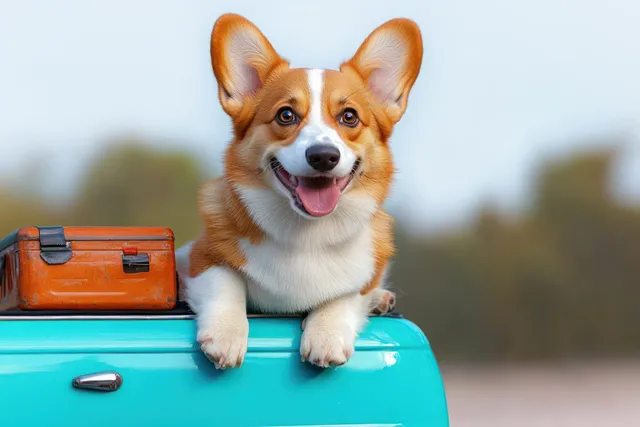 A happy corgi dog leans on a blue car door outdoors with an orange suitcase beside it.