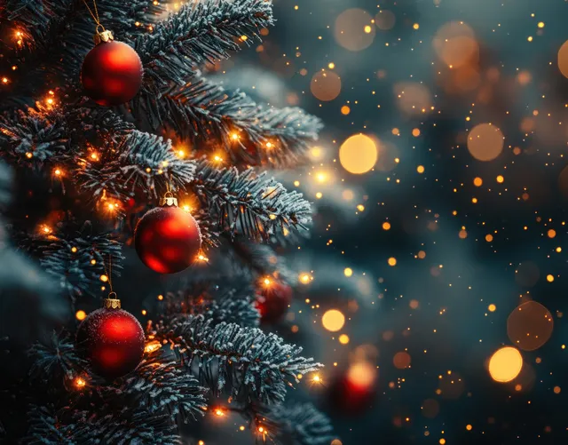 Snowy Christmas tree close-up with red baubles and warm glowing fairy lights