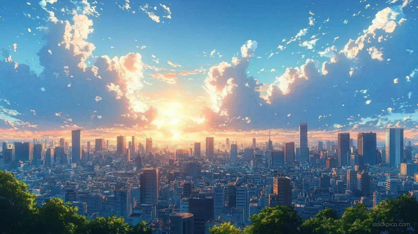 Sunrise skyline of tall skyscrapers behind green trees under a bright blue sky with dramatic clouds.
