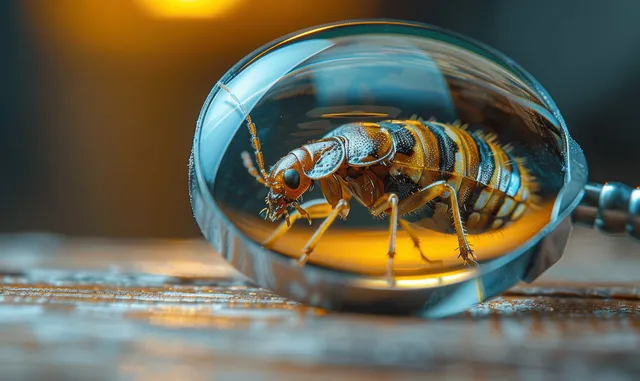 Macro photo of bedbug under magnifying glass on wrinkled bed linen